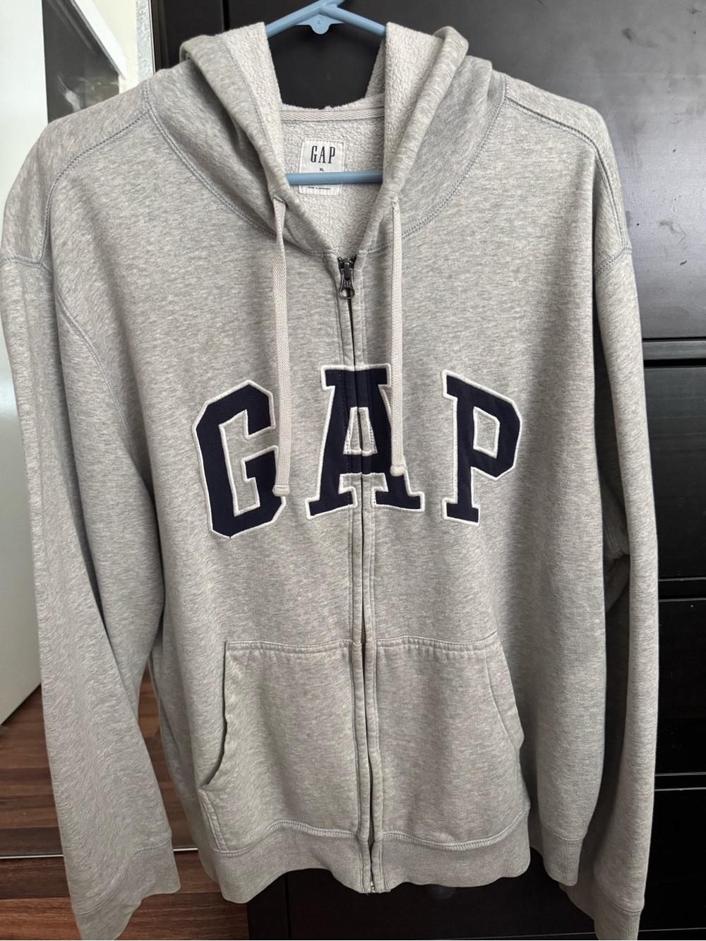 GAP Heather Gray Zip-Up Hoodie with Navy Letters